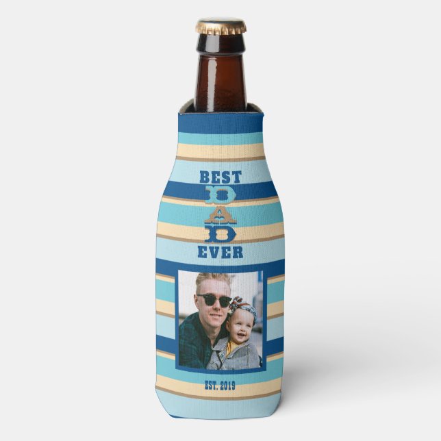 Best DAD Ever Striped Photo Bottle Cooler (Bottle Front)