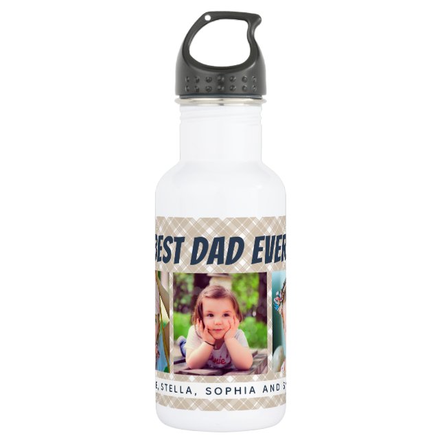 Best Dad Ever | Three Photos Tan Plaid 532 Ml Water Bottle (Front)
