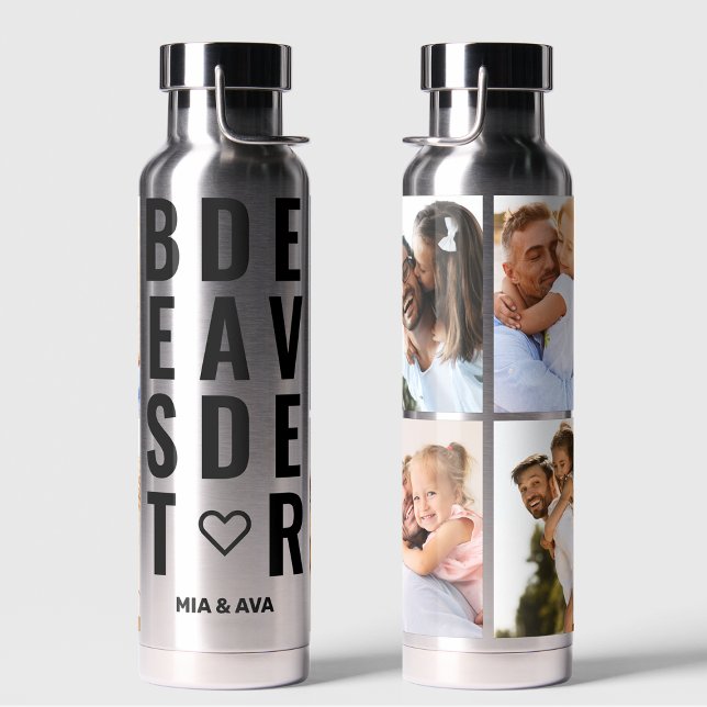 Best Dad Ever Typography Custom Names 4 Photo  Wat Water Bottle (Creator Uploaded)