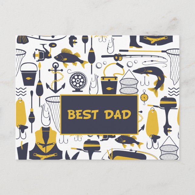 Best Dad Fishing Equipment in Blue and Gold Postcard (Front)