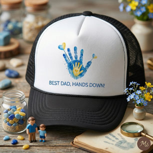 Best Dad Hands Down Blue Watercolor Handprint Gift Trucker Hat