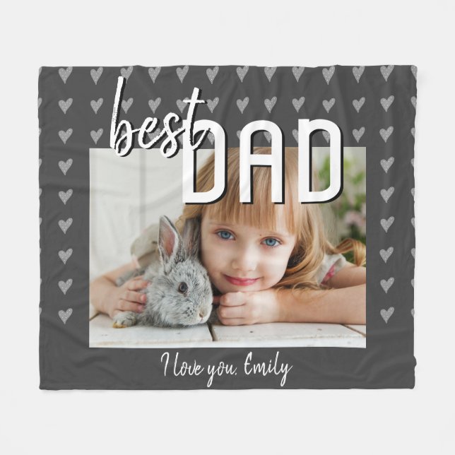 Best Dad Heart Pattern Grey Photo Father`s Day Fleece Blanket (Front (Horizontal))