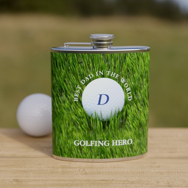 Best Dad in the World Golfing Hero Green Hip Flask (Do you know the Best Dad in the World? Does he love golf? Boom! Add his initial!)