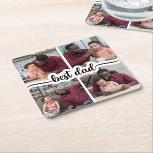 Best Dad Personalised 4 Photo Collage Square Paper Coaster