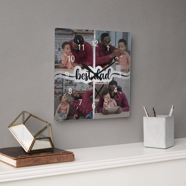 Best Dad Personalised 4 Photo Collage Square Wall Clock (Office)