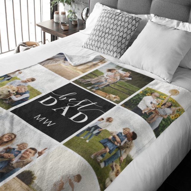 Best Dad Photo Collage Monogram Father  Fleece Blanket (Perfect fleece blanket to celebrate your dad. This blanket features 8 spots for images)
