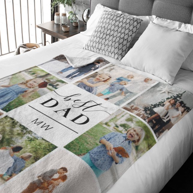 Best Dad Photo Collage Monogram Fleece Blanket (Perfect fleece blanket to celebrate your dad. This blanket features 8 spots for images)
