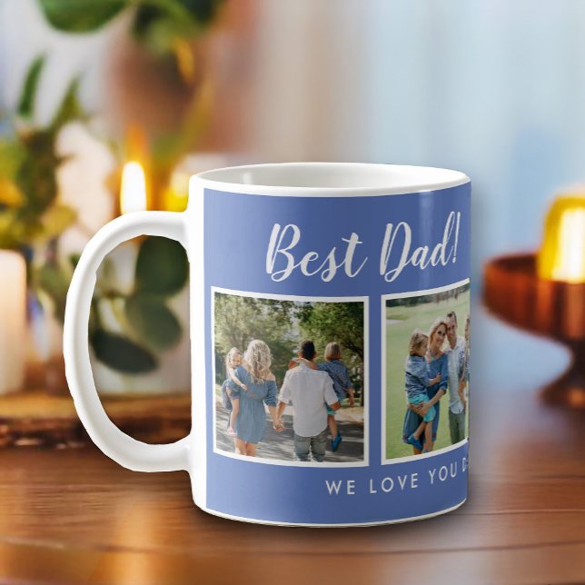 Best Dad! Photos Collage Message Blue Coffee Mug (Best dad script font with 6 family photo slots, along with a custom message for your number 1 Dad.)