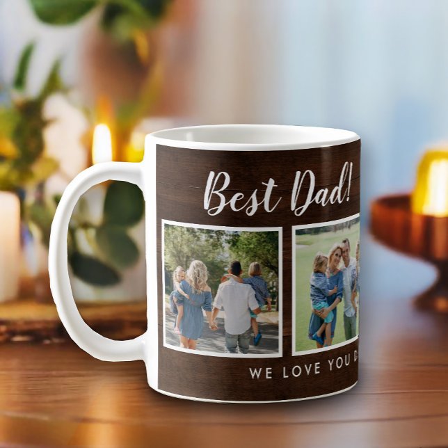 Best Dad! Photos Collage Message Dark Wood Coffee Mug (Best dad script font with 6 family photo slots, along with a custom message for your number 1 Dad.)