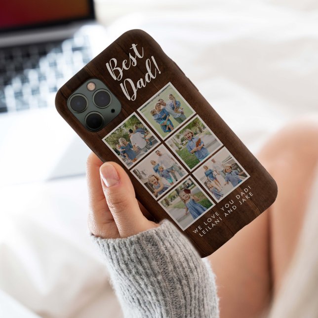 Best Dad Rustic Wood Grain 6 Photo Collage Case-Mate iPhone Case (Modern Best Dad 6 photo collage with message for Father's Day, Christmas, or Dad's B-day. )