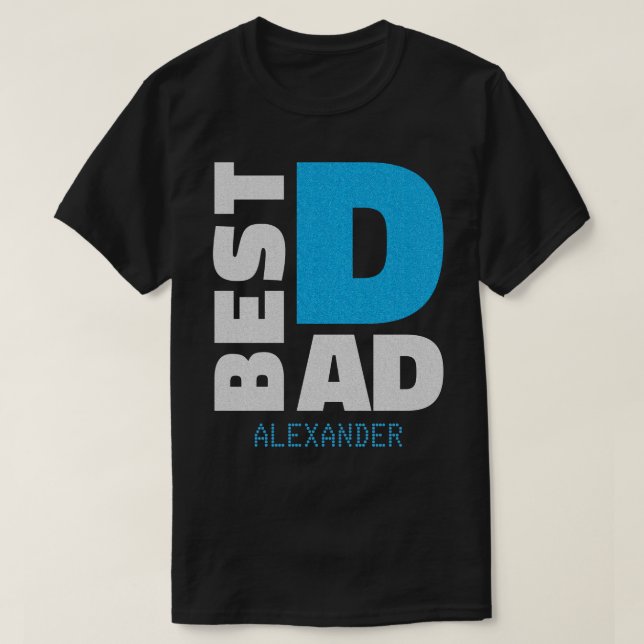 Best Dad Silver Blue Glitter Name Customised T-Shirt (Design Front)