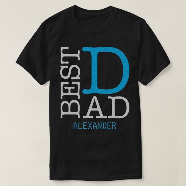 Best Dad Silver Blue Glitter Name Personalised T-Shirt (Design Front)
