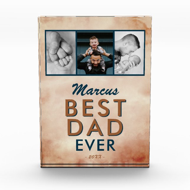 Best Dad Watercolor Father 3 Photo Collage Block (Front)