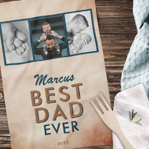 Best Dad Watercolor Father 3 Photo Collage Tea Towel