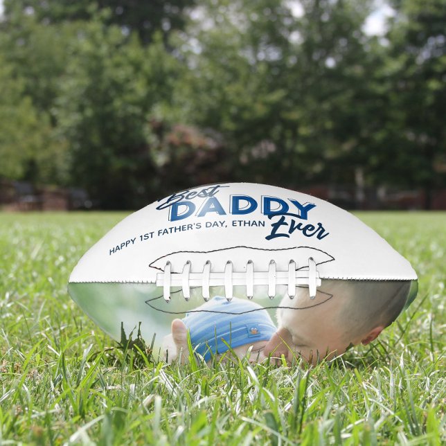 Best Daddy Ever Blue Script Photo 1st Father's Day American Football (Easily personalize this Best Daddy Ever ball with your photos & name for a unique Father's Day gift)