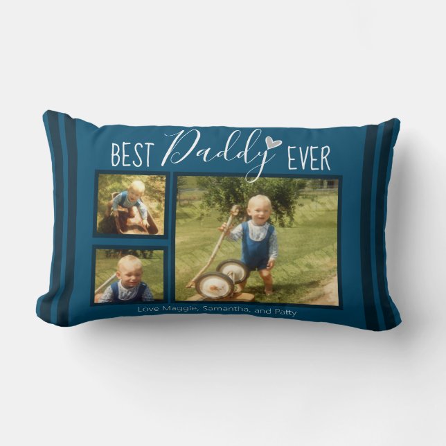 Best Daddy Ever Custom 3 Photo Collage Blue Lumbar Cushion (Front)