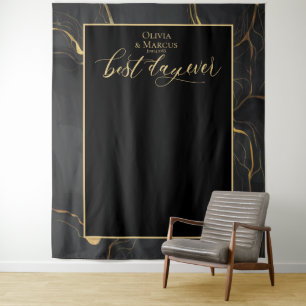 Best Day Ever Black Marble Wedding Photo Backdrop Tapestry