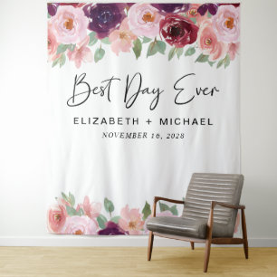 Best Day Ever Burgundy Pink Floral Wedding Tapestry