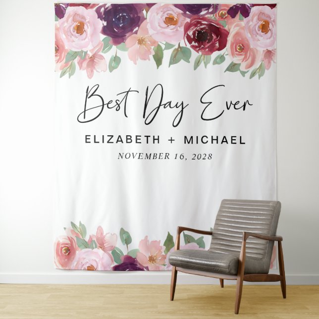 Best Day Ever Burgundy Pink Floral Wedding Tapestry (In Situ)