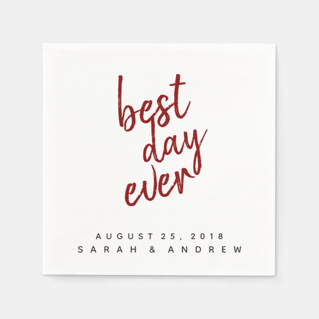Best Day Ever Burgundy Red Wedding Cocktail Napkin (Front)