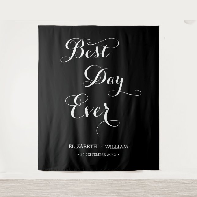Best Day Ever Calligraphy Wedding Photo Backdrop Tapestry (Front)