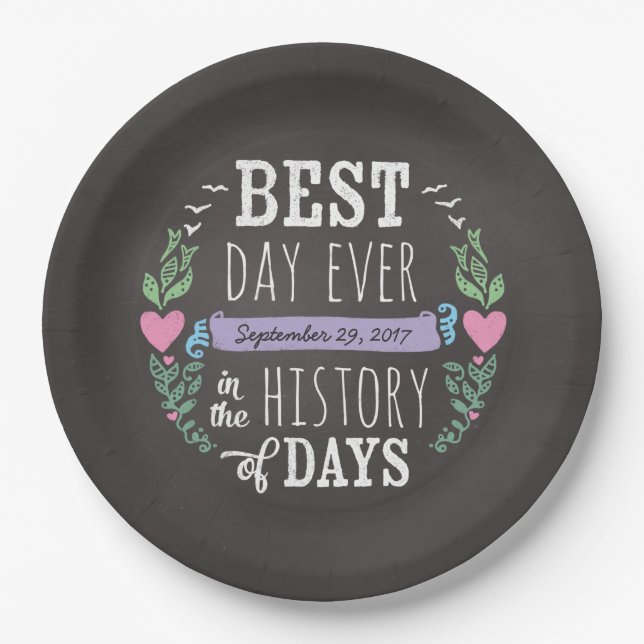 Best Day Ever Chalkboard Wedding Date Paper Plate (Front)