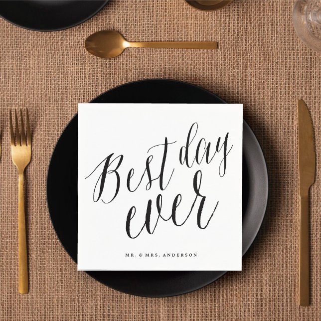 Best Day Ever Classic Script Calligraphy Wedding Napkin (BEST DAY EVER Classic Script Calligraphy Wedding Paper Napkins @ fatfatin_blue_knot)