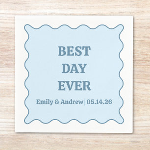 Best Day Ever Dusty Blue Scalloped Custom Wedding  Napkin