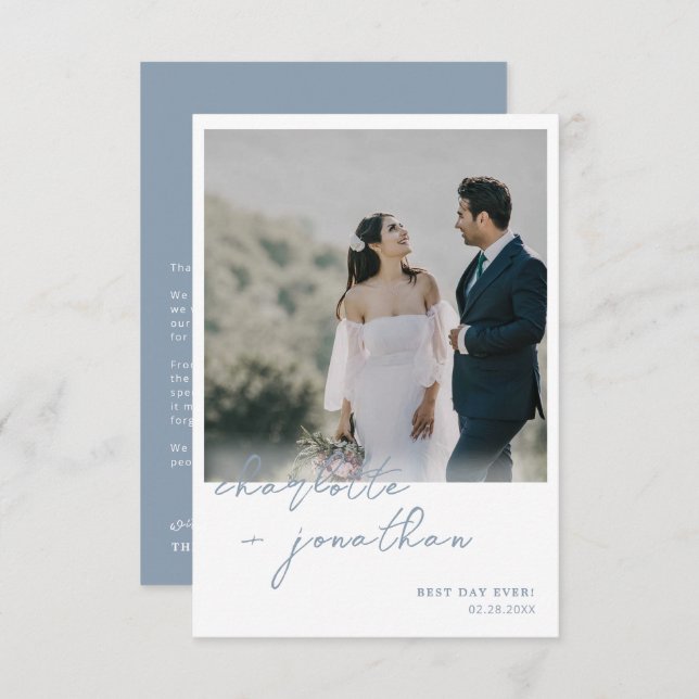 Best Day Ever Dusty Blue Script Photo Wedding Thank You Card (Front/Back)