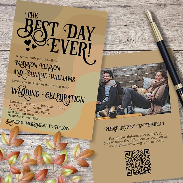 Best Day Ever Earthtone QR Code & Photo Wedding Invitation (In Situ Front and Back)