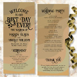 Best Day Ever Earthtone Retro Swirls Wedding Programme<br><div class="desc">This fun wedding program features a retro design in earthtone colours of tan, taupe, and sage green. The title reads: Welcome to our Best Day Ever and is written in fancy block word art lettering with hearts, swashes, and swirls. There is space for your ceremony and wedding party details, as...</div>