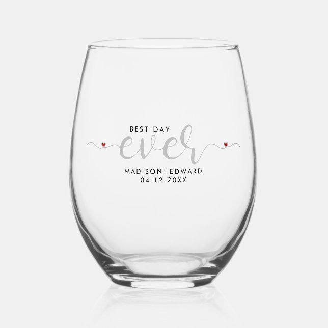 Best Day Ever Elegant Grey Red Typography Hearts Stemless Wine Glass (Front)