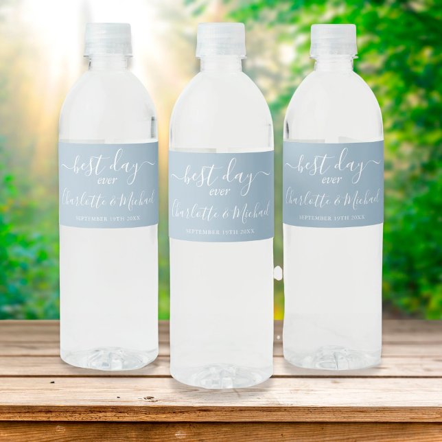 Best Day Ever Elegant Script Dusty Blue Wedding Water Bottle Label (Creator Uploaded)