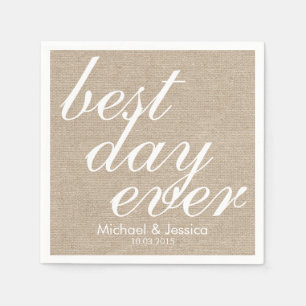Best day ever faux burlap rustic chic wedding name napkin