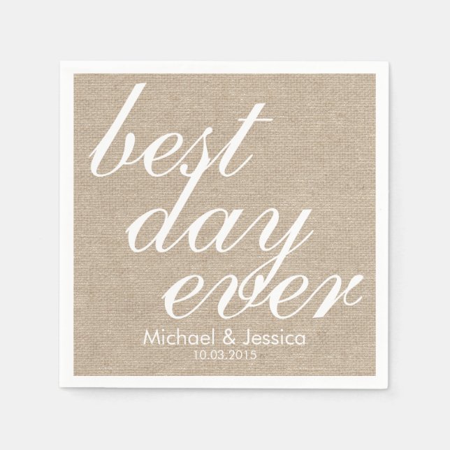 Best day ever faux burlap rustic chic wedding name napkin (Front)