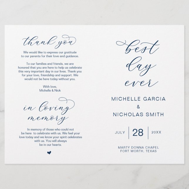 Best Day Ever, Foldable Navy Blue Wedding Programs (Front)