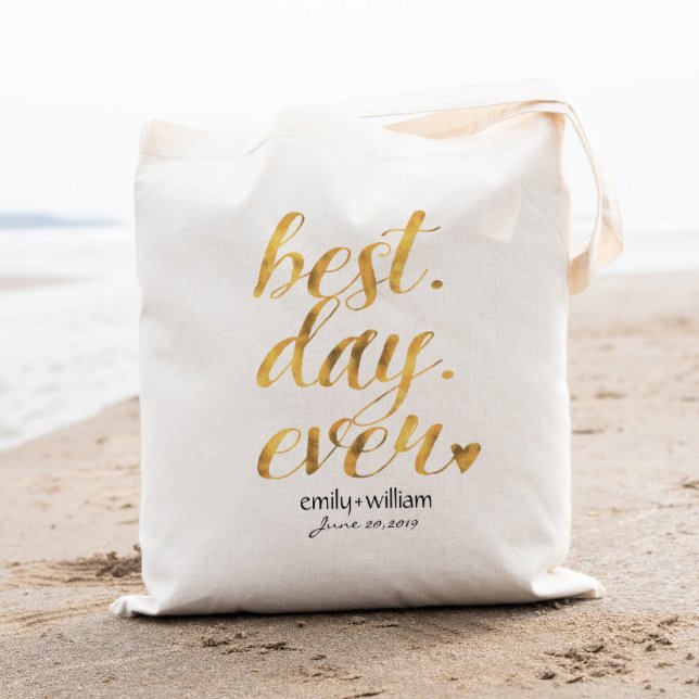 Best Day Ever| Glossy Golden Wedding Welcome Gift Tote Bag (Creator Uploaded)