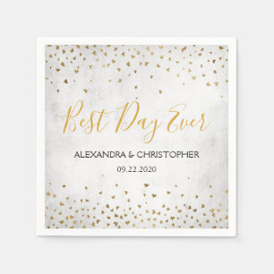 Best Day Ever Gold Hearts Confetti Wedding Napkin