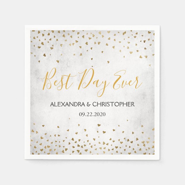 Best Day Ever Gold Hearts Confetti Wedding Napkin (Front)