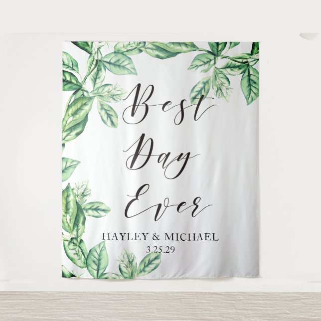 Best Day Ever Greenery Wedding Photo Backdrop Tapestry (Front)
