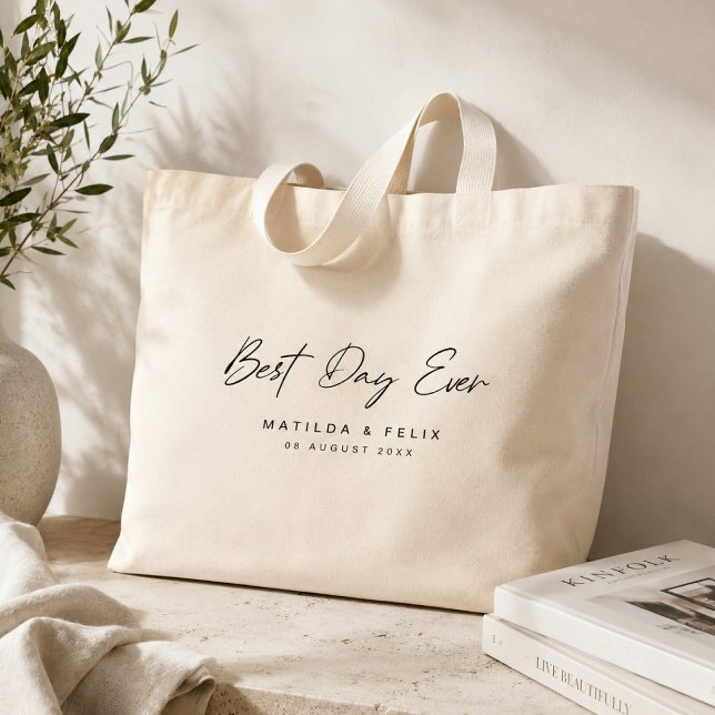 Best Day Ever Minimalist Clean Simple Wedding Day Large Tote Bag (Personalized wedding tote bag with couple names and date for Best Day Ever gifting.)