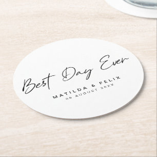 Best Day Ever Minimalist White Wedding Day Round Paper Coaster