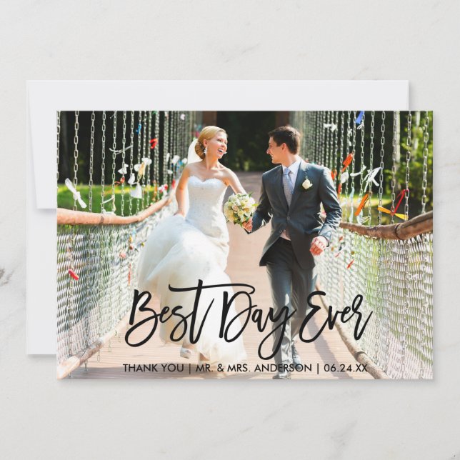 Best Day Ever Modern Brush Script Wedding Photo Thank You Card (Front)