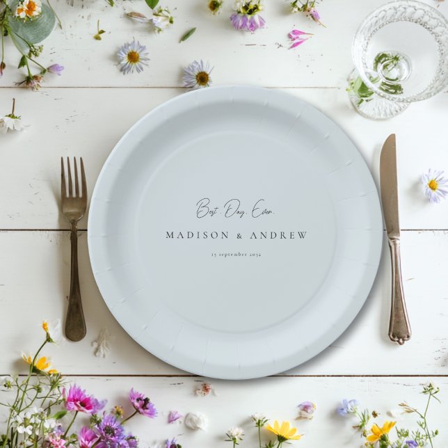 BEST DAY EVER! Modern Minimal Light-Blue Wedding Paper Plate (BEST DAY EVER! Modern Minimal  Wedding Paper Plates with your Name and date.)