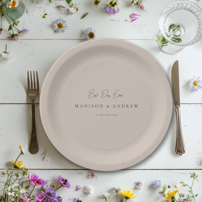BEST DAY EVER! Modern Minimal Light Brown Wedding Paper Plate (BEST DAY EVER! Modern Minimal Wedding Paper Plates with your Name and date.)