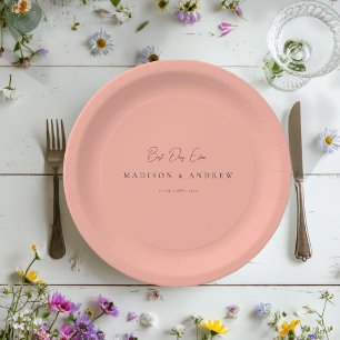 BEST DAY EVER! Modern Minimal Peach Coral Wedding Paper Plate