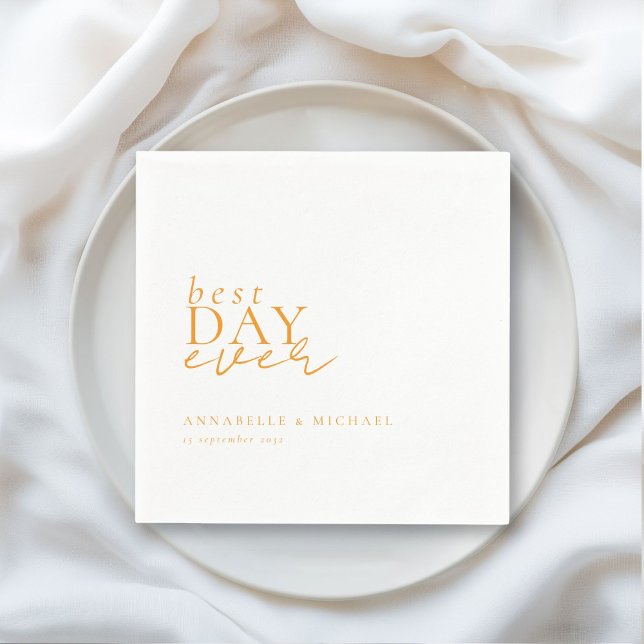 BEST DAY EVER! Modern, Minimal, White, Wedding Napkin (BEST DAY EVER! Modern, Minimal, White-Orange, Wedding Napkins with your name and date.)
