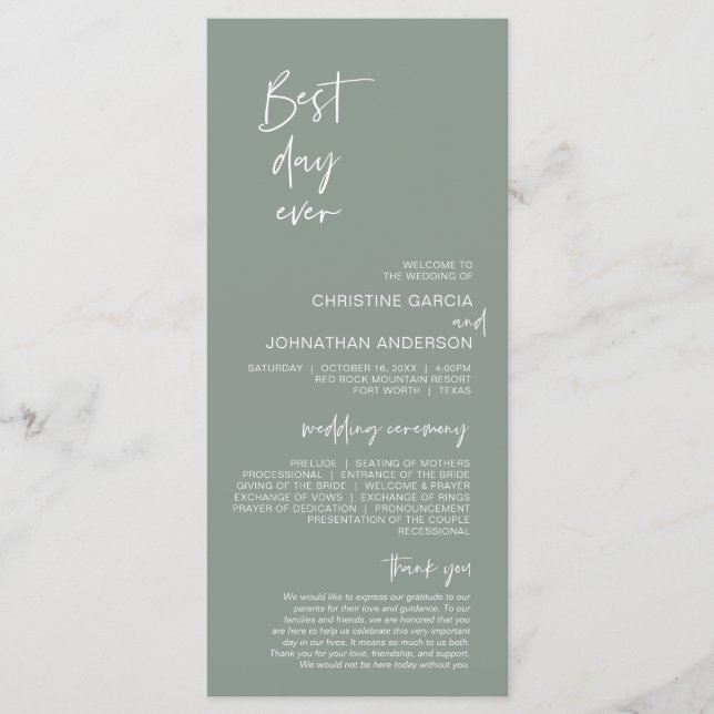 Best day ever, Modern Minimalist Light Sage Green  Programme (Front)