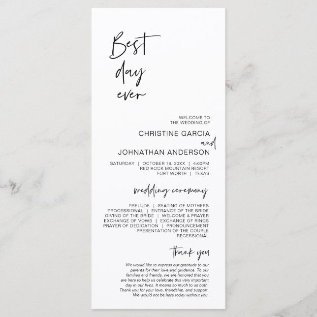 Best day ever, Modern Minimalist Wedding Program Programme (Front)