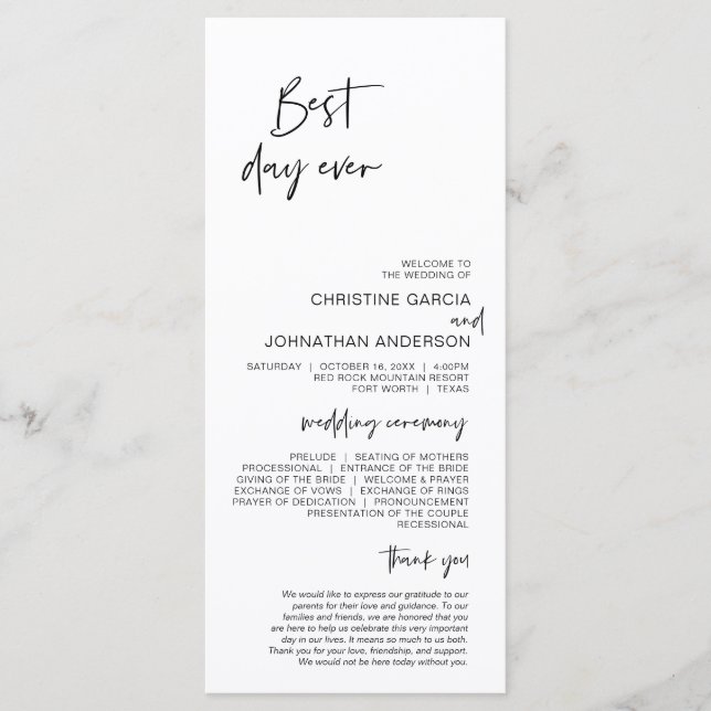 Best day ever, Modern Minimalist Wedding Program Programme (Front)